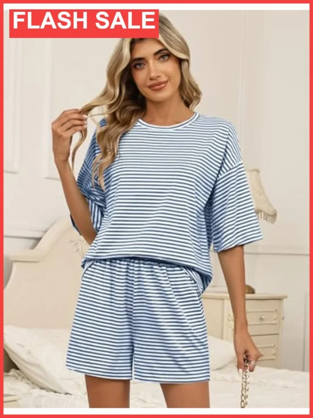 3/4 Sleeve Pajama Set with Elastic Waist Pocket Shorts